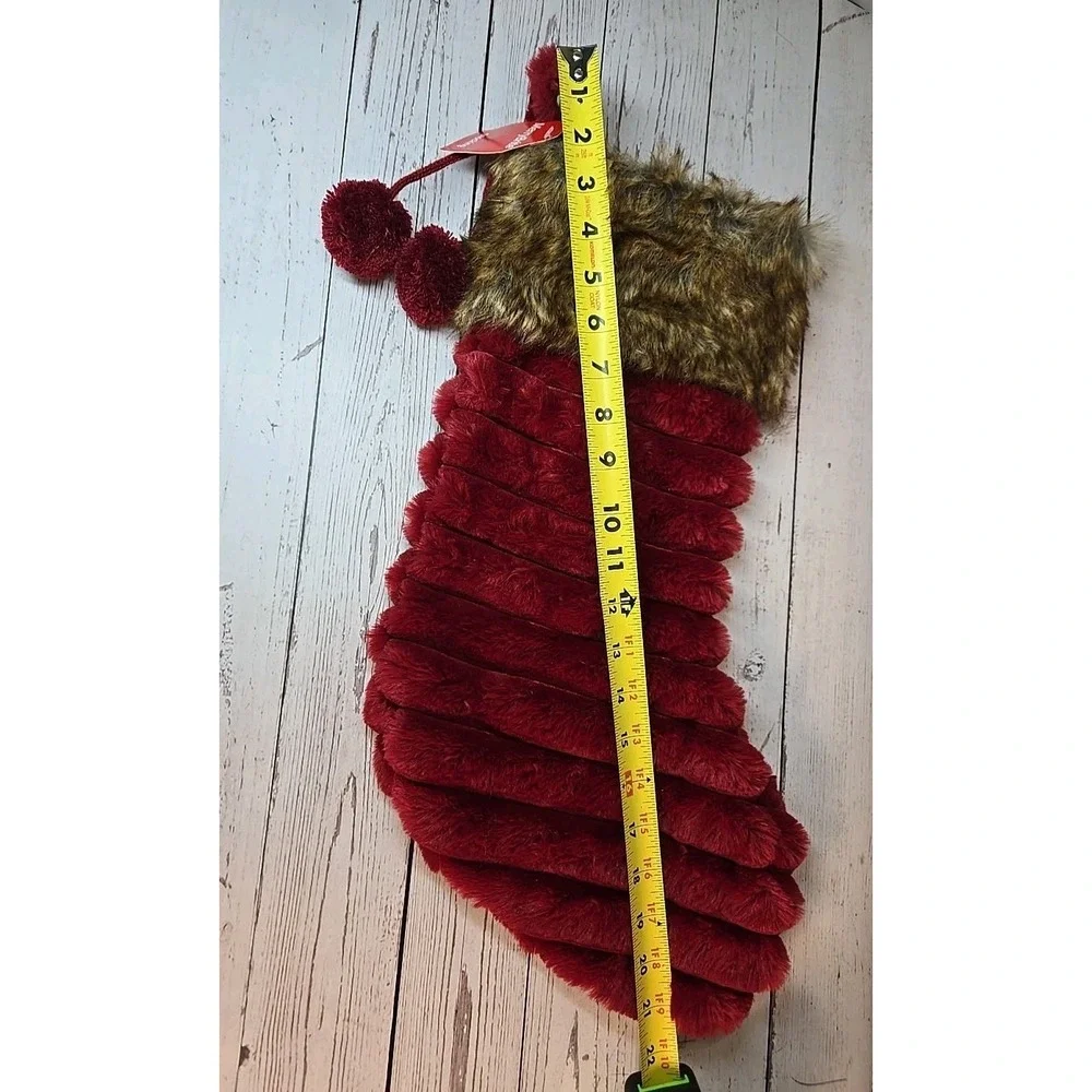Merry Bright Faux Fur Burgundy Christmas Stocking With Pom-Pom Accent 21